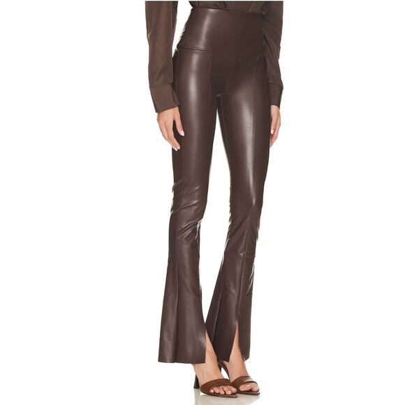 Norma Kamali Spat Legging Faux Leather Pants Chocolate Brown Flare Split Sz XS - Picture 2 of 11